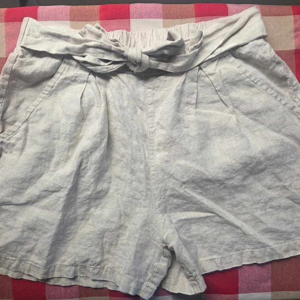 Azucar 100% Linen Paperbag Tie Front‎ Shorts High Waist Summer Beach Cruise